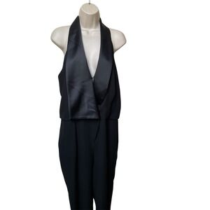 Halston Jumpsuit Black Tuxedo Style Size 10 Glam‎ Formal Sexy Plunging Neckline